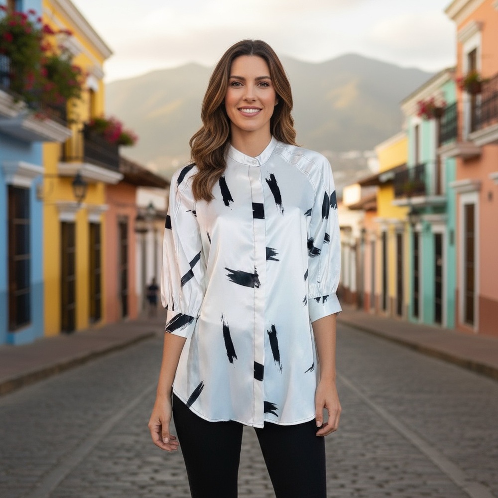 Beach Satin abstract 1/2 Length Sleeve White‎ Black Button Down Shirt